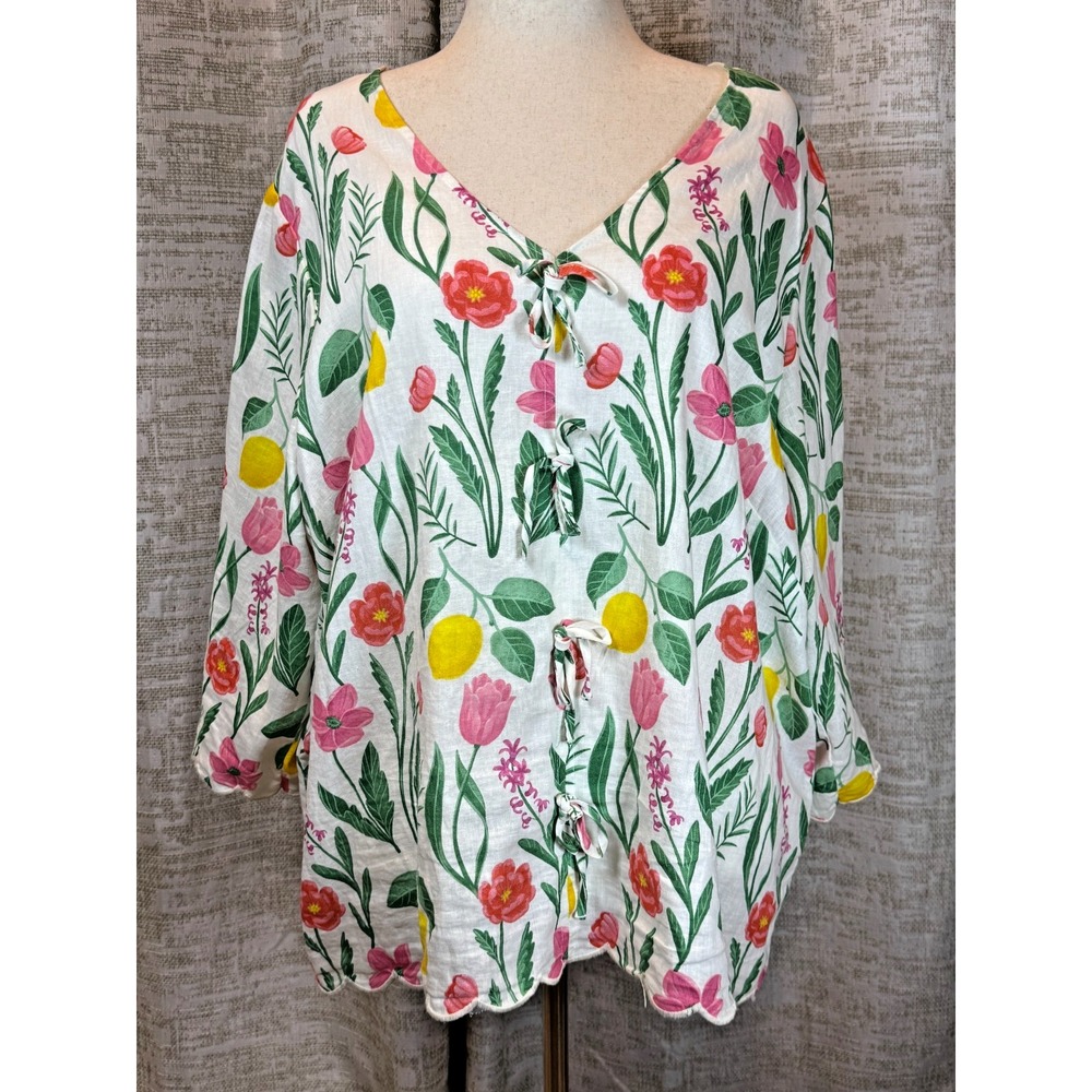 Rachel Zoe Linen Blend Lemon Floral Tunic Top 3X Tie Front Scallop Hem